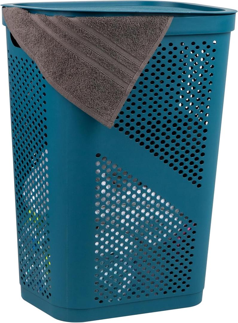 Mind Reader Slim Laundry Hamper with Lid, 60L Clothes Basket, Ventilated Plastic, Blue, Single