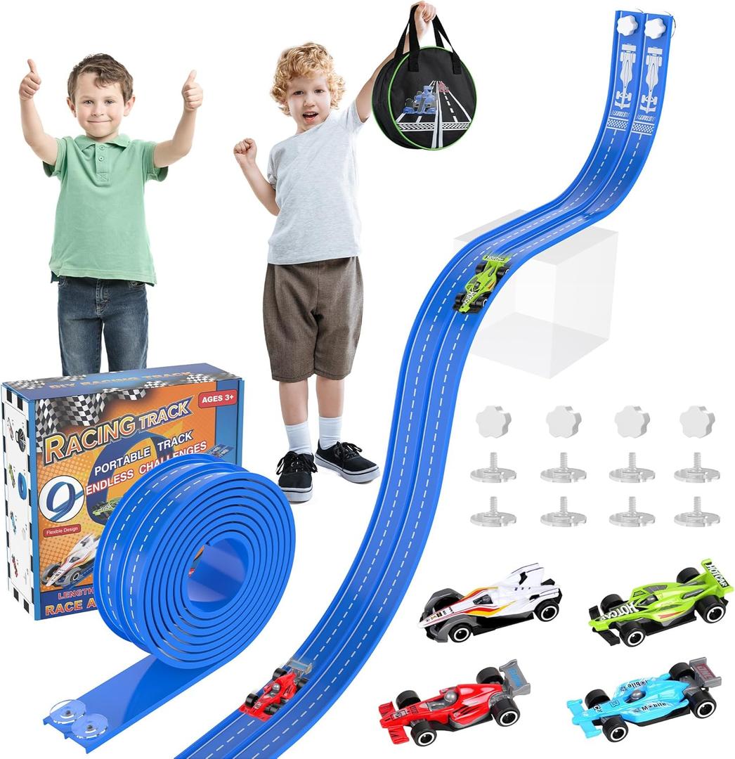20Ft Flexible Race Track, Slot Car Race Track Set for Kids Ages 3+, Dual Racing Game 2 High-Speed Cars 1/64 Scale, w/8 Suction Cups, 4 Alloy Cars Ideal Christmas Birthday Gift for Boys & Girls (Blue)
