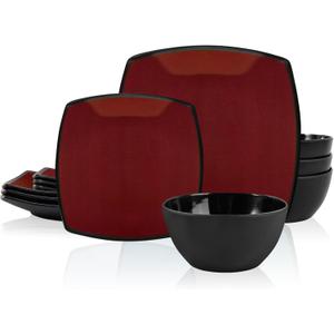 Square Melamine Dinnerware Sets 12 Piece Service for 4 Deep Red Plates and Bowls Sets for Indoor/Outdoor Grill, Holiday Party, Camping