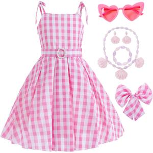 Princess Costumes Novelty Movie Cosplay Plaid Slip Dress Kids Birthday Fancy Girls Pink Costume with Accessories 3-10Y (Barbi)