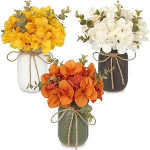 Mason Jar Centerpiece Rustic Autumn Floral Centerpiece for Table Farmhouse Decor Fall Artificial Hydrangea Flowers Thanksgiving Tiered Tray Decoration for Kitchen, Dining Room, Home Decor-Set of 3
