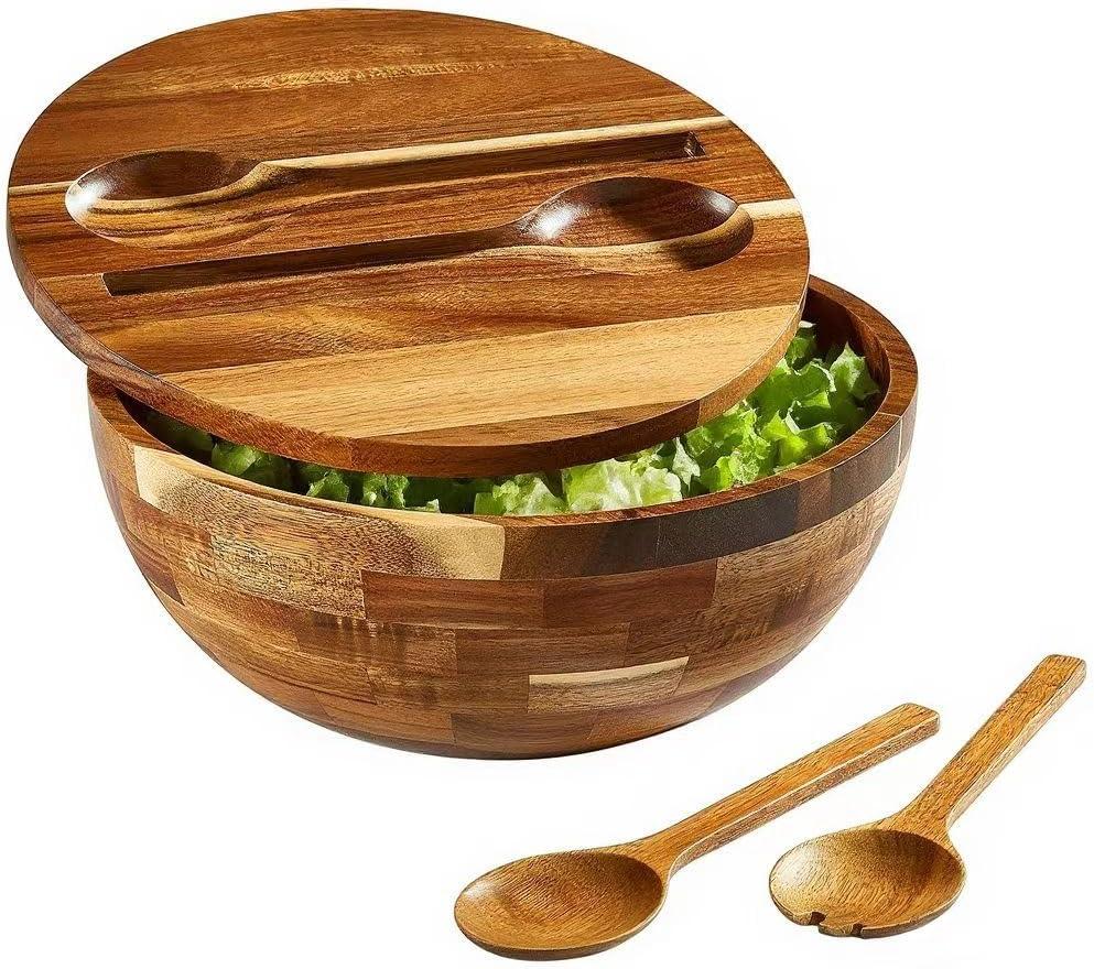 JOYMAY Salad Bowls Wood Salad Bowl Set with Lid 11.8 Inch Large Wooden Bowls Set Acacia Wood Serving-Bowl with Serving Utensils Bowl for Kitchen, Dining, Party