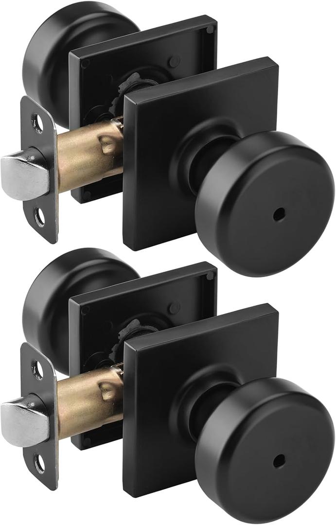 NCSEN 2 Pack Black Interior Door Knobs for Bath & Bed, Pismo Doorknob Turn Lock with Square Rosette, Heavy Duty Privacy Door Knob with Lock (Matte Black)