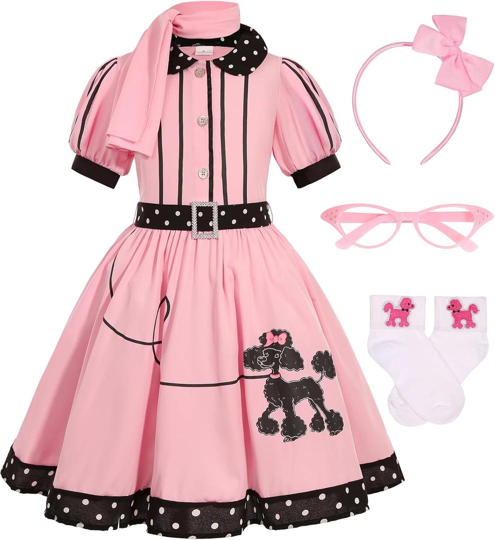 50s Outfit for Girls Kids 50s Poodle Skirt Costume Girls Halloween Party Dress Up (6-8 Years)