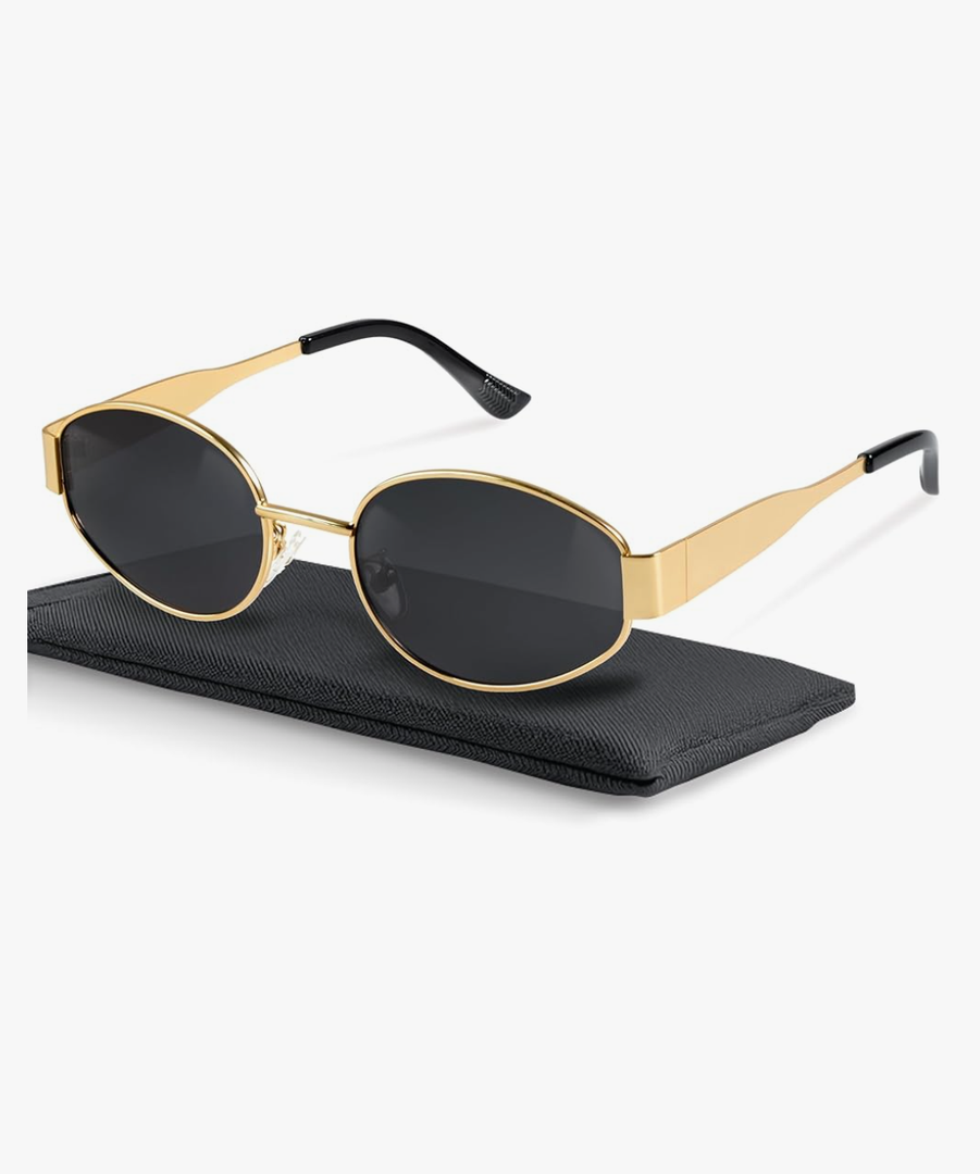 livho Retro Polarized Sunglasses - UV400 Protection, Oval Shape, Metal Frames - Matching Soft Case Inlcuded