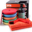 SPTA 10 Pcs Detailing Set, 5Pc 5 inch Buffing Polishing Pads, 1 Microfiber Finish Pad, 1-16 oz Polishing Cleaner, 1 Conditioning Brush, 2-16"*16" Microfiber Towel. for Dual Action and Rotary Polishers