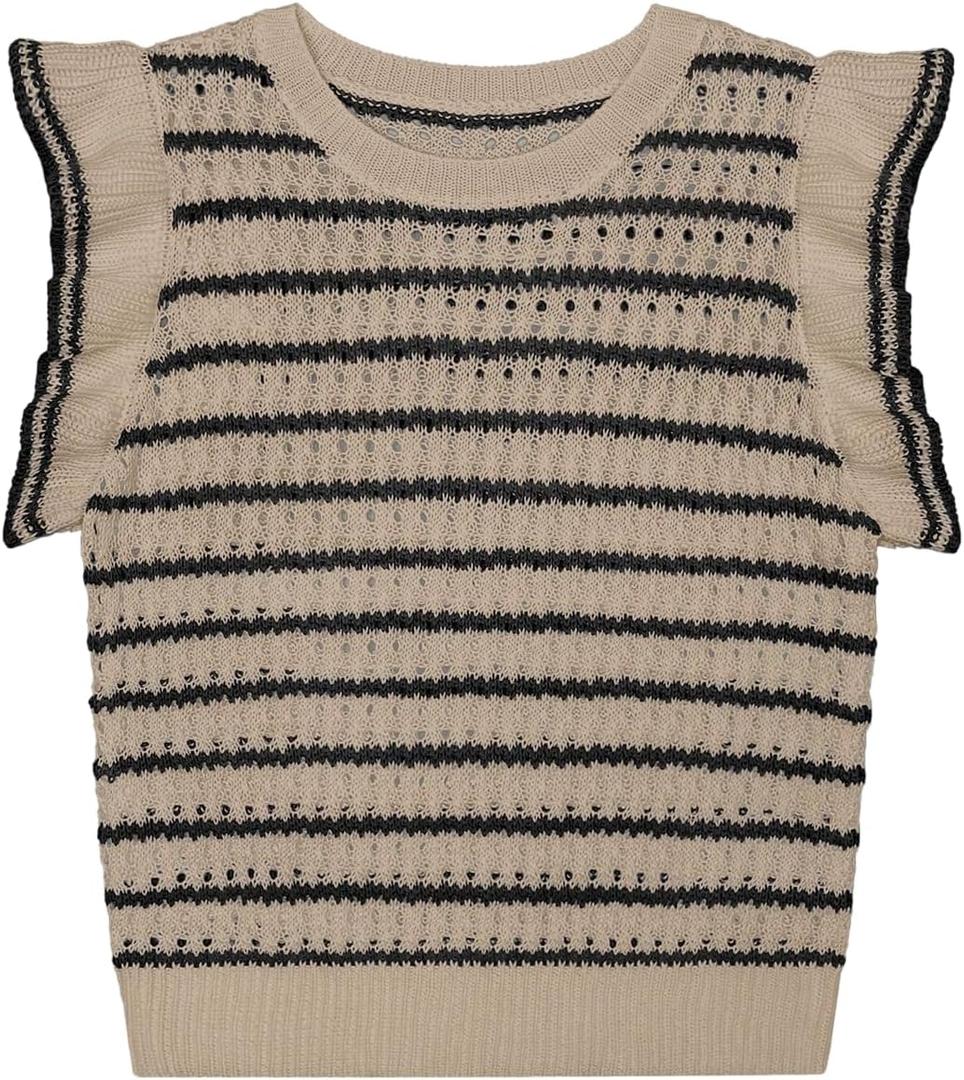 SOLY HUX Women's Striped Knit Top Ruffle Sleeve Crew Neck Going Out Summer Sweater Vest