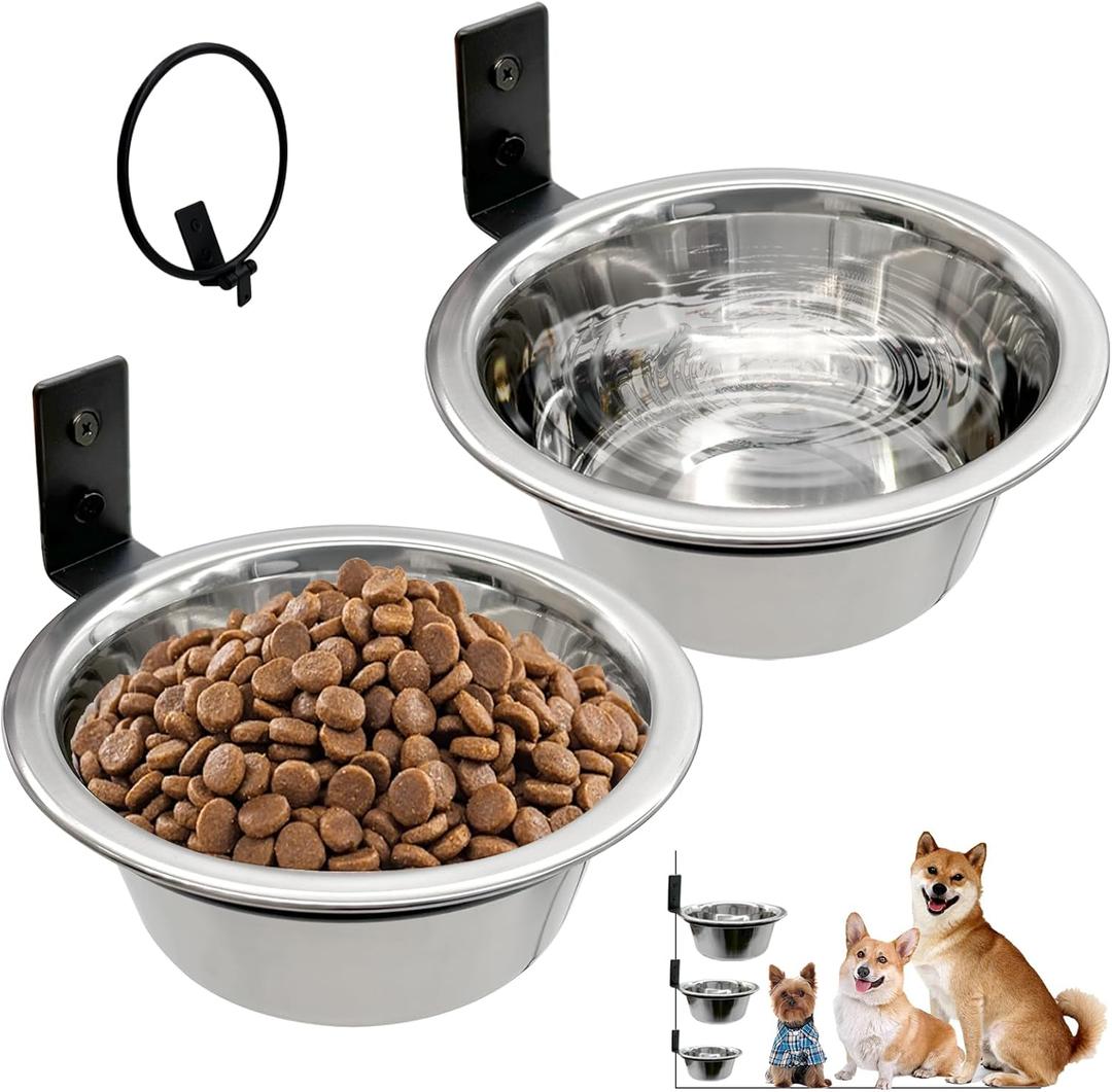 Hamiledyi 2 Pack Wall Mounted Elevated Dog Bowls  Adjustable Height Stainless Steel Raised Food & Water Bowls with Collapsible Stand for Medium & Large Dogs & Cats (S)