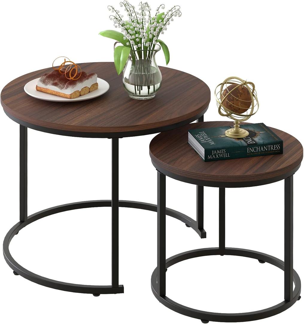 aboxoo Coffee Table Nesting Side Round Set of 2 End Table Top Sturdy Metal Frame Desk Centerpiece Living Room Bedroom Apartment Modern Industrial Simple Nightstand, 23.6 in x 23.6 in x 17.7 in