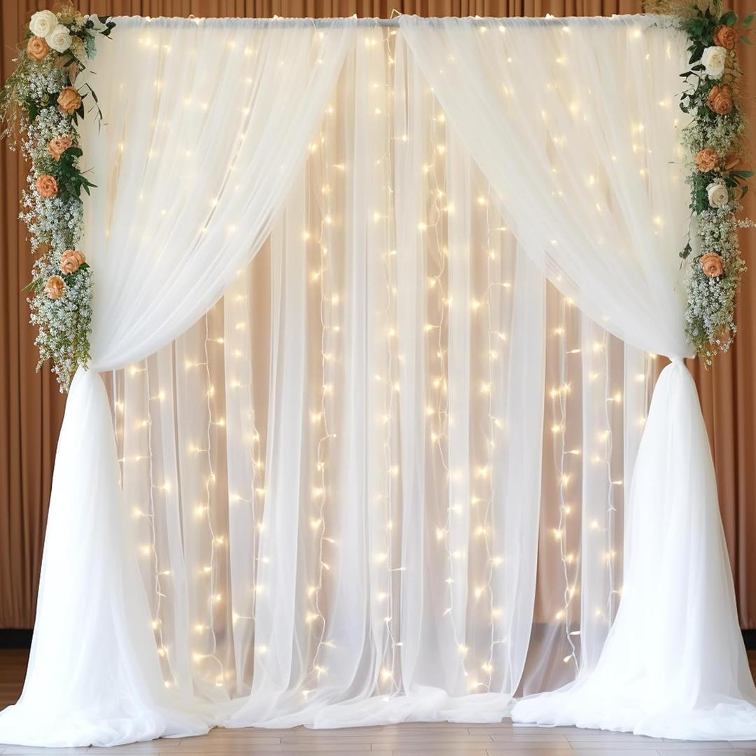 30x10ft White Tulle Backdrop Curtain with Lights String for Parites, Sheer Backdrop Curtains for Wedding Baby Shower Birthday Party Photo Shoot Decorations (30ft x 10ft(6 Panels 5*10ft))