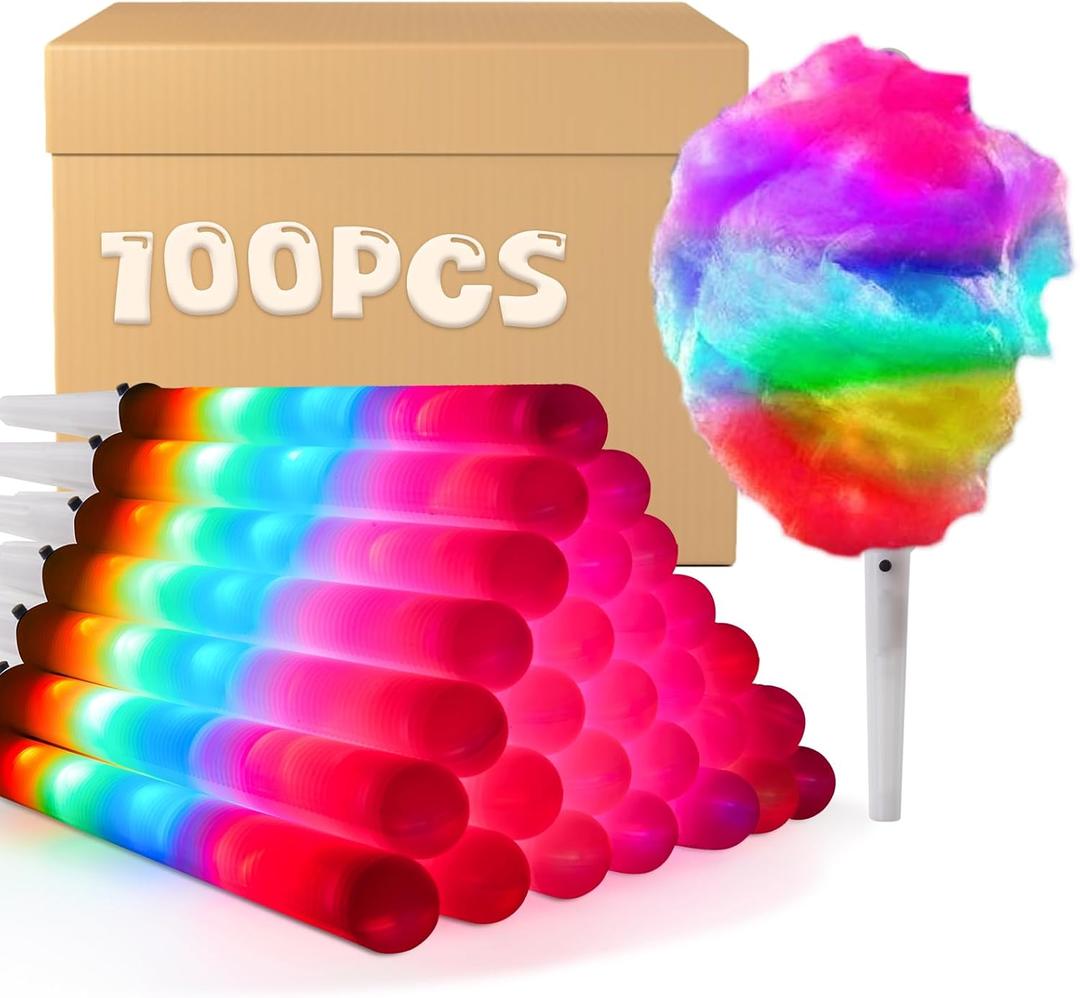 100 Pcs LED Cotton Candy Cones - Glowing Cotton Candy Sticks for Parties - Reusable & Waterproof Cotton Candy Holders - Vibrant Colors for Christmas, Birthdays & Events