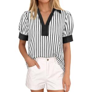 Tankaneo Womens Short Puff Sleeve Tops Summer Color Block Blouses Shirts (White, M)