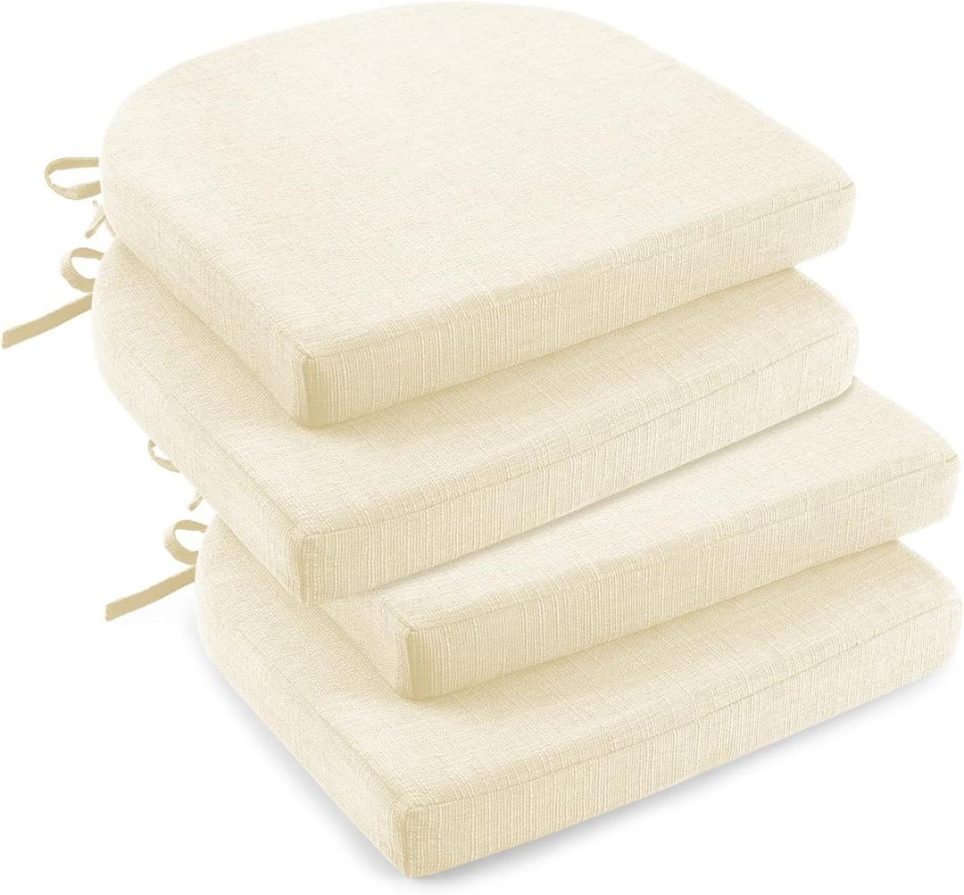 downluxe Indoor Chair Cushions for Dining Chairs, Soft and Comfortable Textured Foam Kitchen Chair Pads with Ties and Non-Slip Backing, 16" x 16" x 2", Beige, 4 Pack, 4 Count