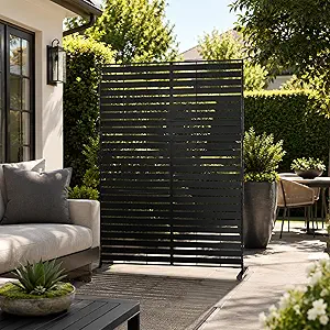 Kozyard Metal Privacy Screen 74" H x 47.2" W Decorative Outdoor Divider with Stand Panels Freestanding Screen Set for Deck Patio Balcony Garden Outdoor&Indoor(Black/Horizontal Slat)