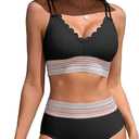 Charmo Women High Waisted Bikini Sets Tummy Control Swimsuits Scalloped Color Block Two Piece Bathing Suit Black L