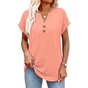 OFEEFAN Womens Tops and Blouses Dressy Casual V Neck Tshirts Short Sleeve Summer Clothes Trendy 2025 (Large, Coral)