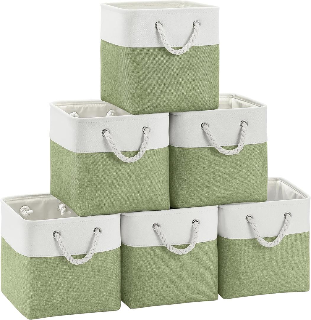 FinishingBo Fabric Cubes Storage Basket, 6 Pack 11x11 in with Handles Cube Storage Bins, for Shelves, Home, Office Organizers (White/ Green)