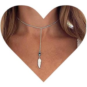 Vintage Feather Drop Y Necklace Turquoise Bead Drop Necklace Feather Y Lariat Necklace Silver Feather Necklace Jewelry for Women