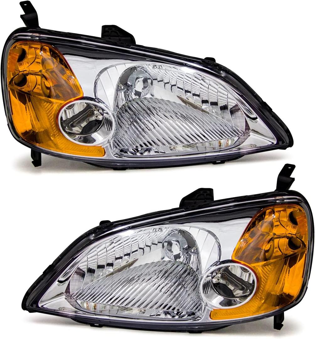 for 2001 2002 2003 Civic 2/4dr Headlight Assembly compatible with 01 02 03 Honda Civic 2/4dr Clear Lens Chrome Housing Amber Reflector Headlamp Replacement Left and Right Pair