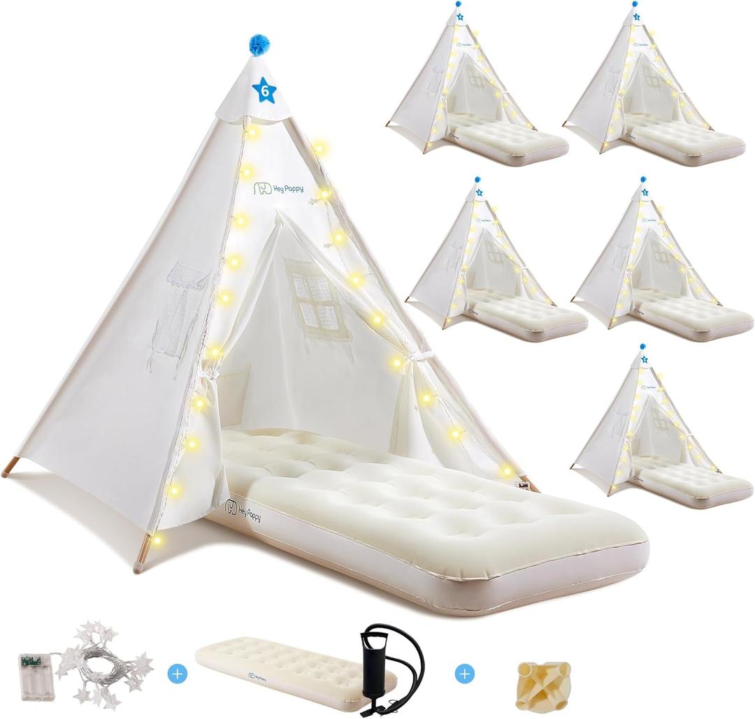 6 Pack Teepee Tent for Kids with Inflatable Airbed, Light, Toddler Tent Children Room Tents, Slumber Party Sleepover Tents, Indoor Outdoor Kids Playtent Playhouse for Girls & Boys (White)