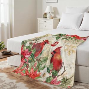 Christma Red Bird Throw Blanket 50 x 60 Inch Winter Floral Red Poinsettias Lightweight Soft Cozy Flannel Blanket Xmas Holiday Reversible Fuzzy Blanket for Gift Home Bed Sofa Couch Chair