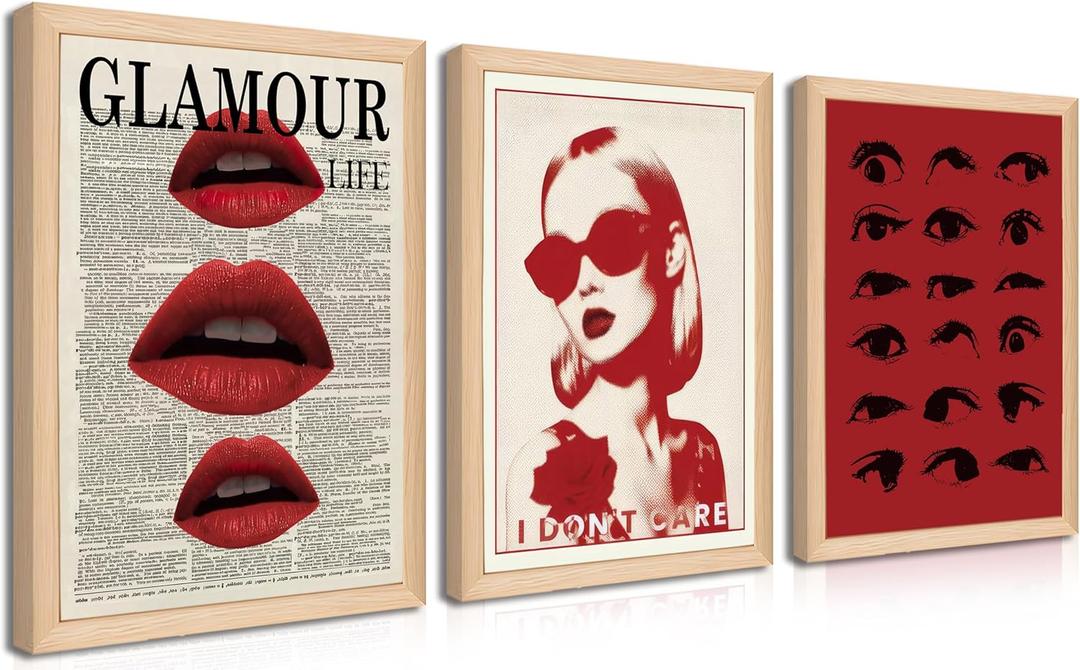 Trendy Downtown Girl Wall Art Y2k Room Decor Vintage Fashion Red Lips Eye Canvas Poster Prints Large 2000s Coquette Decor Aesthetic Pictures for Bedroom Living Room Framed 16x24 Inch