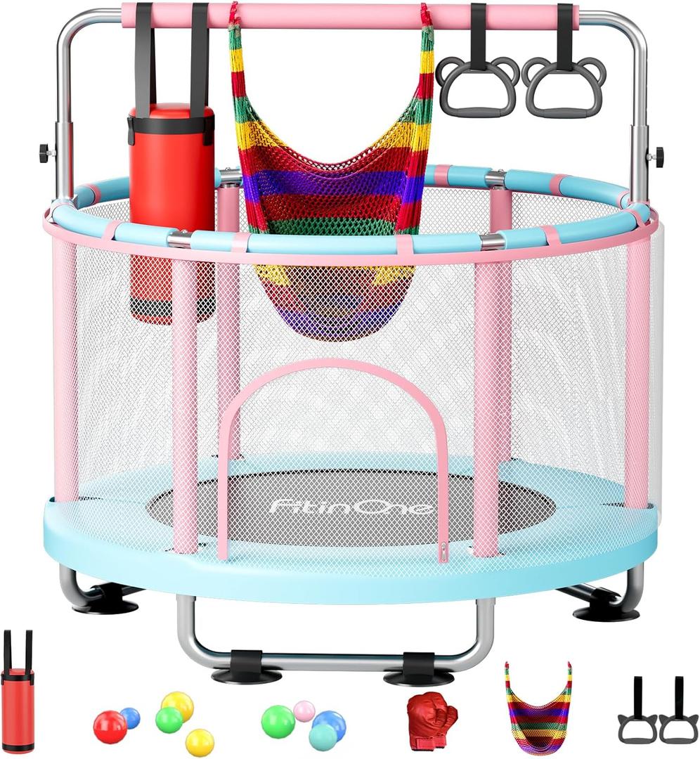 55" Toddler Mini Trampoline for Kids, Indoor Outdoor Toys with Swing, 440lbs Baby Kids Trampoline, Gymnastics Bar, Birthday Gifts for Boy Girl Age 1-8 (Pink-Blue)