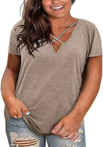 Plus Size Tops for Women Summer Short Sleeve Sexy V Neck Criss Cross T-Shirt Tunic Casual Loose Soft Tee Shirt, XXXL
