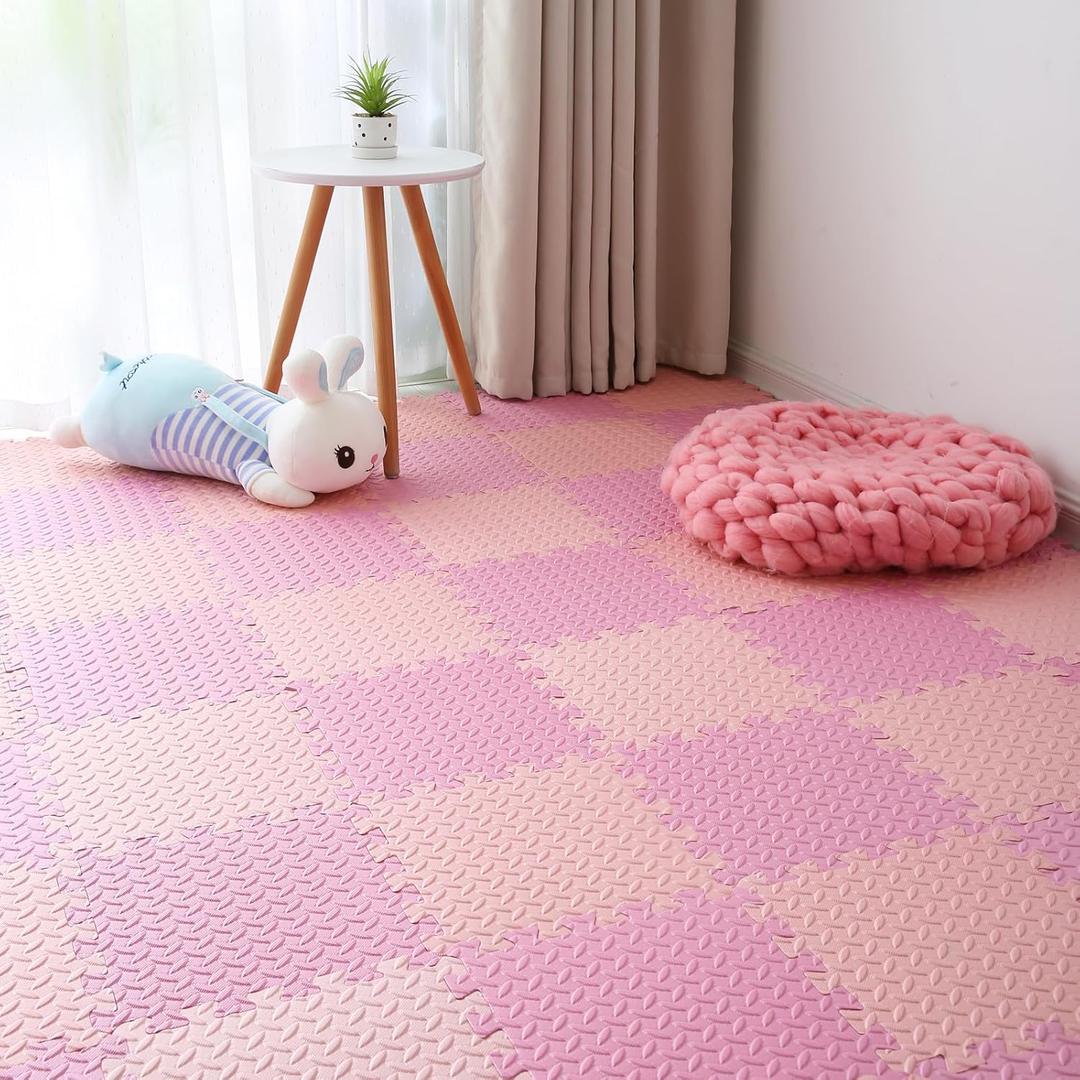 Foam Play Mat for Baby, 0.4 Inch Thick Foam Interlocking Floor Mats, Soft Non-Toxic Baby Playmat, Solid Colored Puzzle Play Mat Kids Floor Mats, 16 Tiles, Pink/Loli Pink