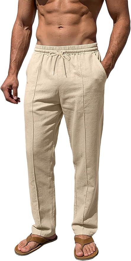 TAFLE Men’s Linen Pants Casual Beach Yoga Pants Elastic Waist Drawstring Straight Leg Loose Lightweight Trousers with Pockets Khaki