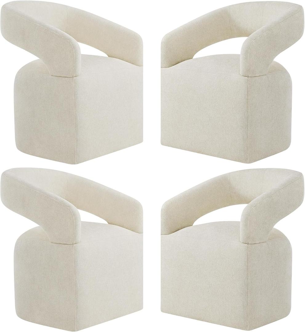 Upholstered Dining Chairs with Casters, Modern Barrel Side Armchair with Rollers for Dining Room, Bedroom, Kitchen, Reading Room, Cream Beige, Set of 4 (4 PCS - Assembly Required)