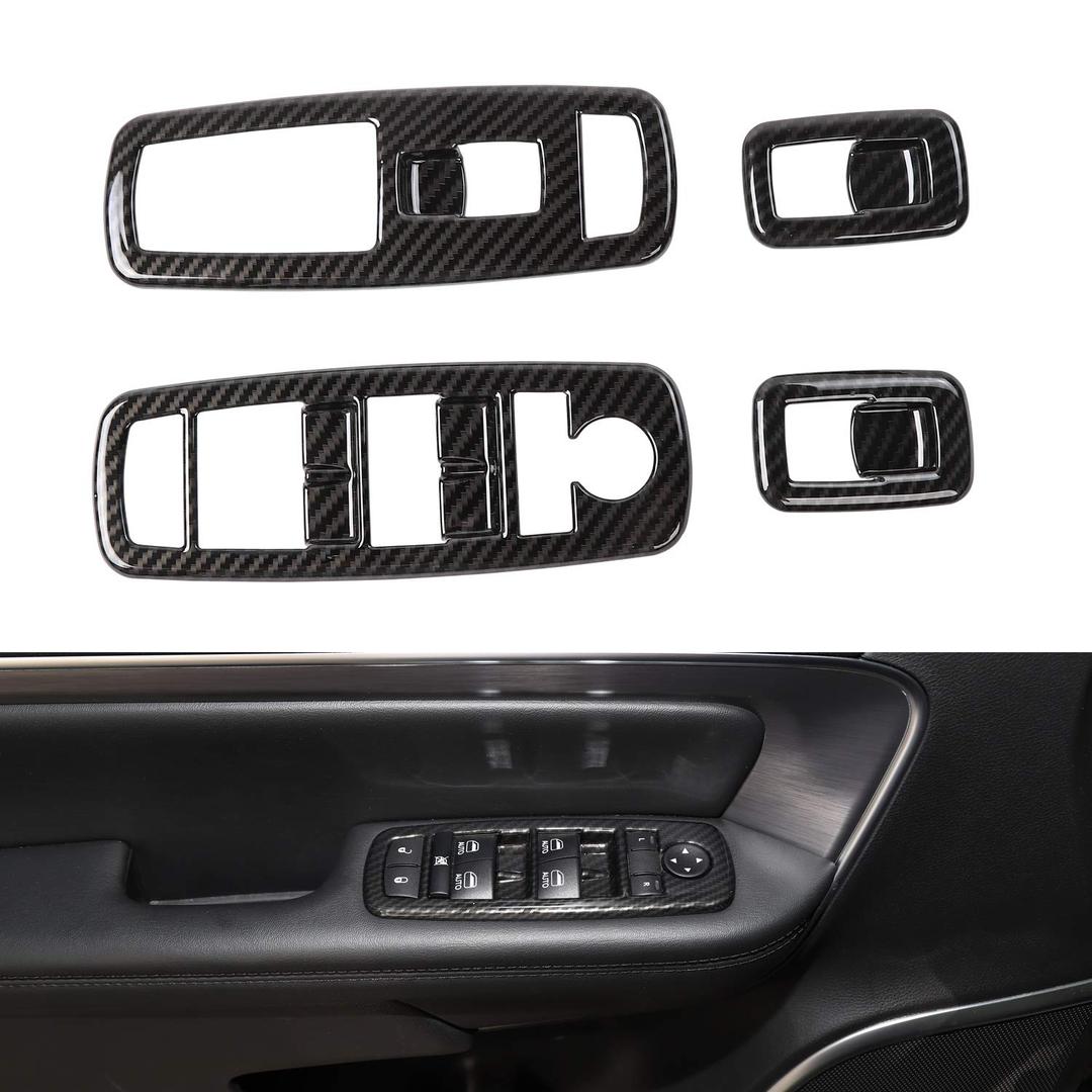 JeCar Window Lift Switch Cover Interior Button Trim Kit for Jeep Grand Cherokee 2011-2020 & Jeep Cherokee 2014-2020, Carbon Fiber Texture (Black with carbon fiber finish)
