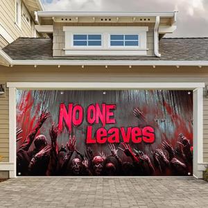 Halloween Garage Door Cover 13x6ft Zombie Wall Banner No One Leaves Bloody Message Garage Decoration Horror Backdrop Halloween Decorations Outdoor Creepy Yard Poster
