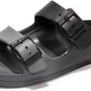 FUNKYMONKEY Women's Comfort Slides Double Buckle Adjustable Plastics Flat Sandals (6, Black/Grey)
