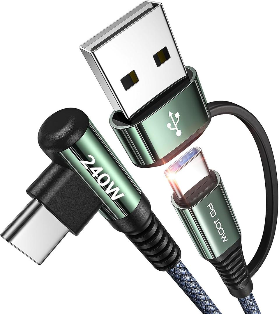 AINOPE 240W Long USB-C Cable 10 ft USB C Cable Fast Charging Type C Charger Right Angle Fit iPhone 17 16 15 Pro Max iPad MacBook Samsung 25 10FT Grey