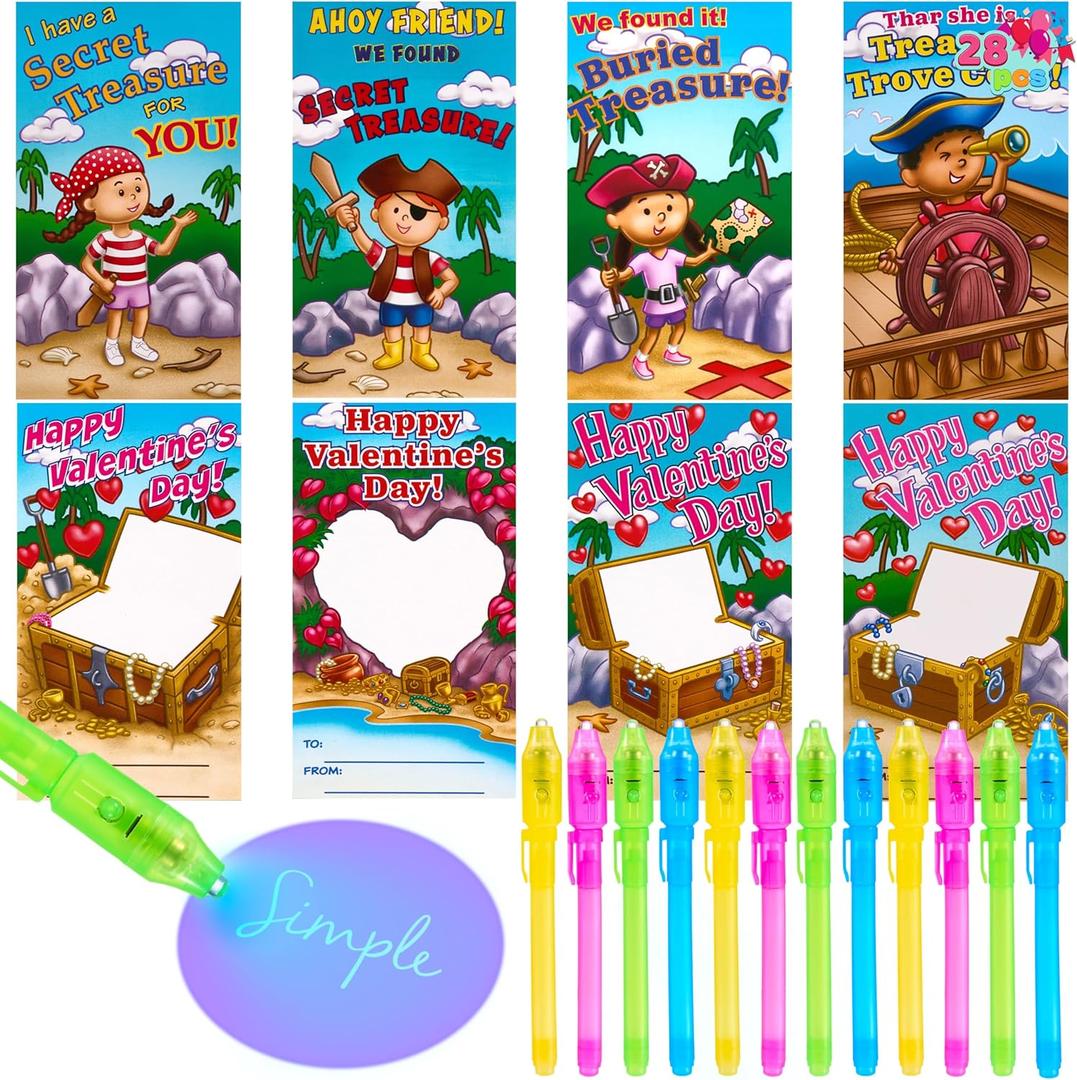 JOYIN 28Pcs Valentines Day Invisible Ink Pens with Cards, Stationery Gift Set for Kids with Light for Classroom Exchange Gift, Classroom Prizes, Party Favors