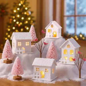 10 Pcs Pink Christmas Village Sets with Tea Light Christmas Decorations 4 Village Row House 4 Pine Trees 2 Decayed Tree Xmas Holiday Farmhouse Rustic Decor for Home Table Room