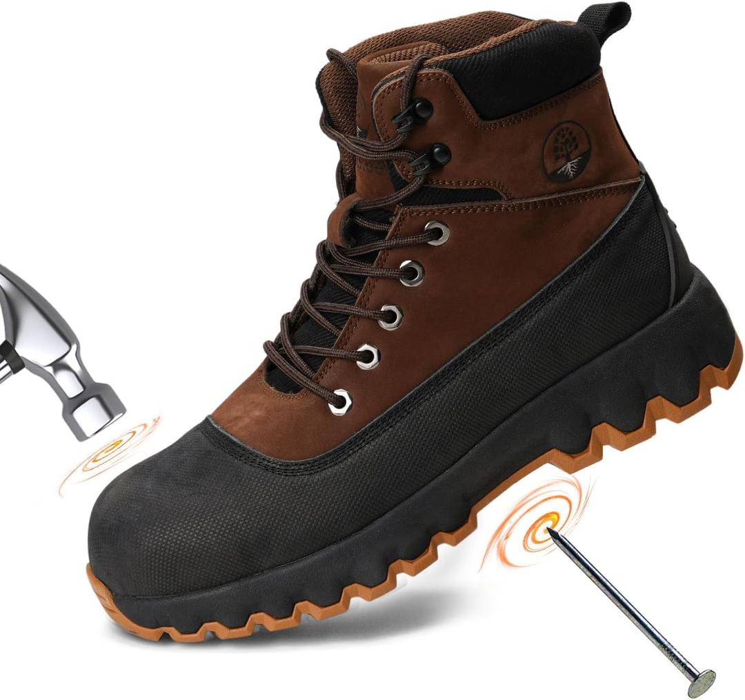 Mens Work Boots Composite Toe Boots for Men Genuine Leather Rubber Sole No Slip Waterproof Shoes Industrial & Construction Safety Boots (12, Brown)