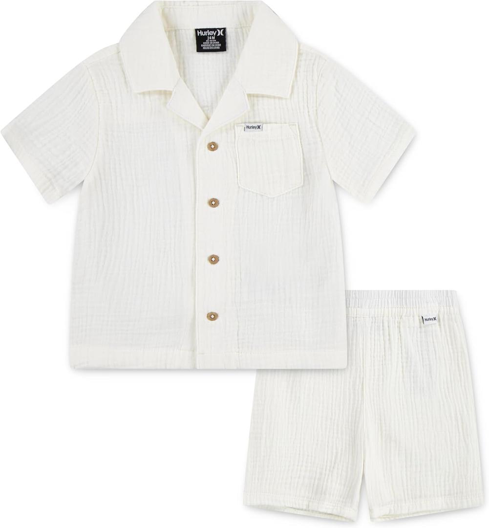 Baby and Toddler Boys' Short Sleeve Button Up Shirt and Shorts 2-Piece Outfit Set (Marshmallow) 2T