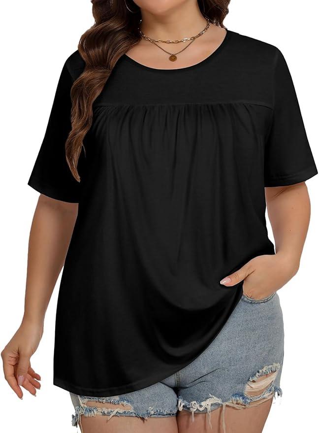 JOELLYUS Plus Size Tops for Women Summer Top Short Sleeve Shirts Oversized Crewneck Tees Loose Fit Tunic Blouses (Black, XL)