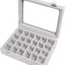 Jewelry Box 24 Grid Velvet Earrings Holder Tray Detachable Earring Case Jewelry Showcase for Drawers Glass Clear Lid Organizer Jewelry Display Storage Ring Trays (Gray)
