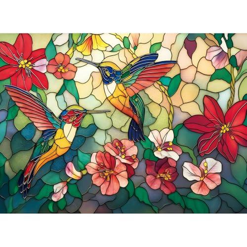 500 Pieces Puzzle for Adults - Vintage Paint Hummingbird Flower Puzzles - Stained Glass Birds Puzzle 500 Piece with Letters on Back Dust-Free,Fun Family Game,Gift for Men Women Seniors 20.5 x 15 in