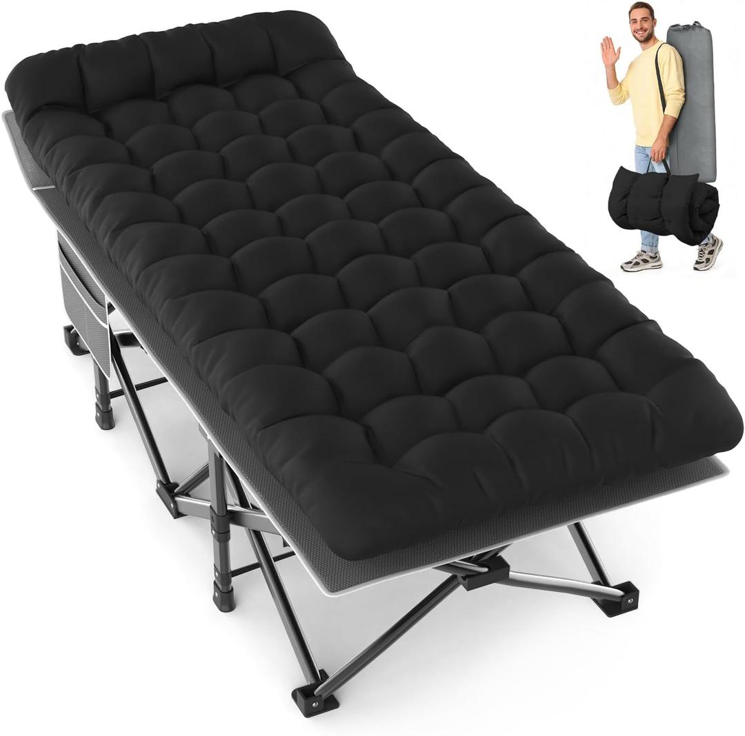 Slendor XXL Folding Camping Cot for Adults with Mattress Pillow Carry Bag, 32 inch Extra Wide Portable Sleeping Cot, 900LBS Support Outdoor Cot Bed for Office Nap Beach Travel RV, Black
