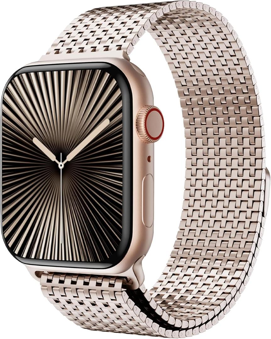 LULULOOK Milanese Mesh Loop Compatible with Apple Watch Band 42(Series 11/10)/41/40/38mm for Men Women, Stainless Steel Magnetic Buckle Strap for iWatch Ultra 3/2 Ultra Series 11 10 9 8 7 6 SE 5 4 3 (Champagne Gold)