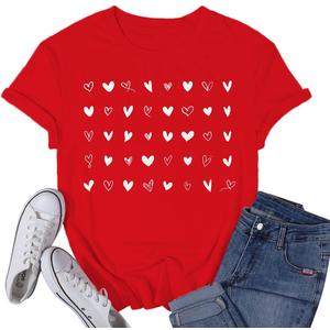 Valentines Day Shirt for Women Valentine T-Shirts Red Love Heart Sketch Tee Tops (Red, XL)