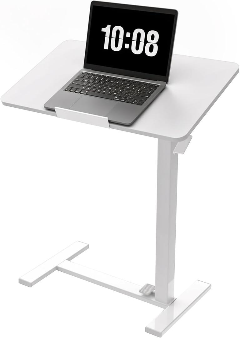 DUMOS Adjustable Rolling Desk, Mobile Overbed Bedside with Hidden Wheels, Portable Laptop Standing Desks Computer Workstation for Bed Sofa Couch, White