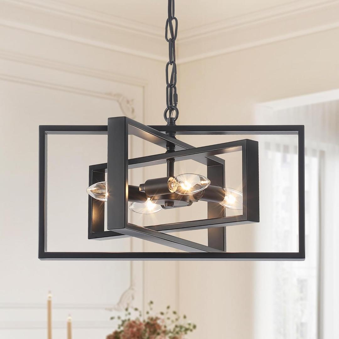 Bosomfr 16.5'' Farmhouse Chandelier 4-Light, Black Modern Light Fixture Cross Chandeliers for Dining Room Kitchen Island Bedroom, Rectangular Metal Pendant Light Fixture for Living Room
