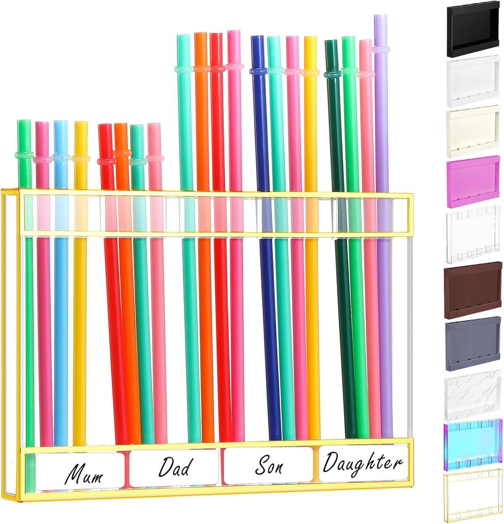 Acrylic Straw Holder for Cabinet Door with Double Sided Adhesive Tape Reusable Straw Organizer Tumbler Storage Kitchen Accessories Container for Counter Cupboard(Gold Trim,Large,Clear)