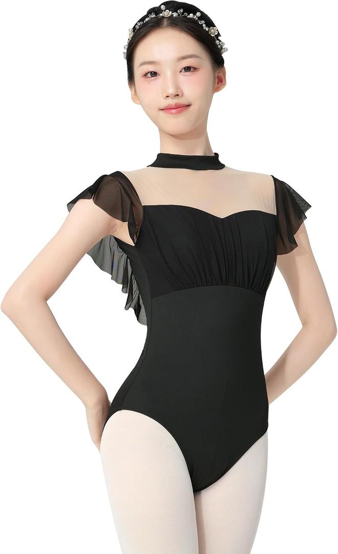 Phoeswan Ballet Leotards for Women, Women Dance Leotard Mesh with Flutter Sleeves, Turtleneck Adult Leotard for Dance