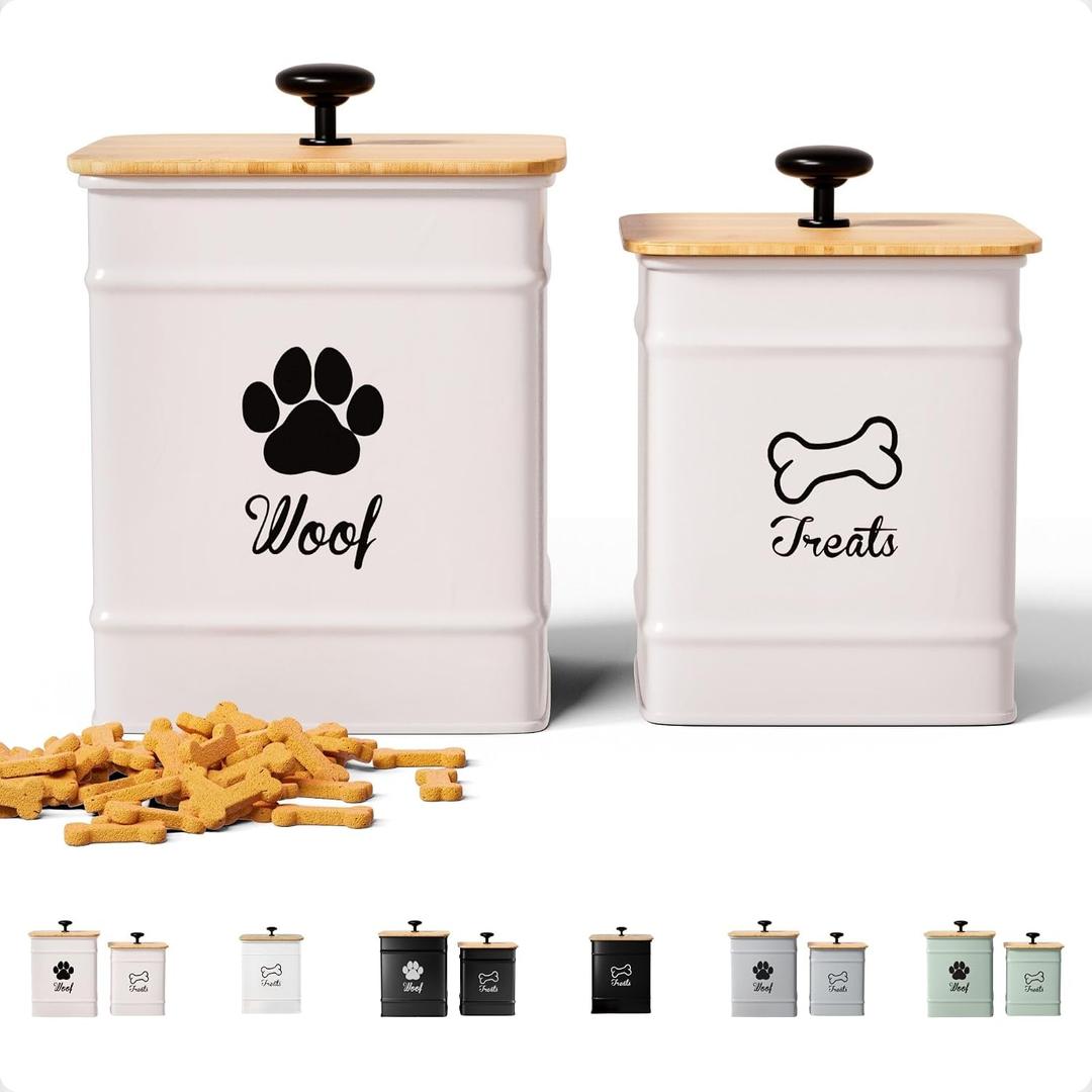 Dog Treat Container Airtight Set of 2 - 8x6 & 7x5 inch Iron Dog Treat Jars for Kitchen Counter with Airtight Bamboo Lids - 20 Cup Capacity Pet Treat Container Set - Doggie Cookie Jar - Treats Canister